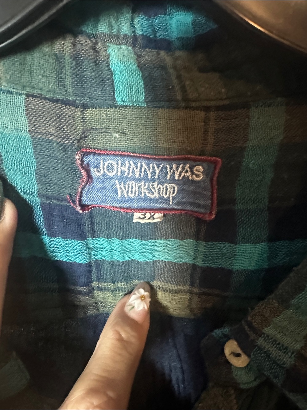 Johnny Was Teal & Green Plaid Button-Down with Floral Embroidery - Picture 2 of 9